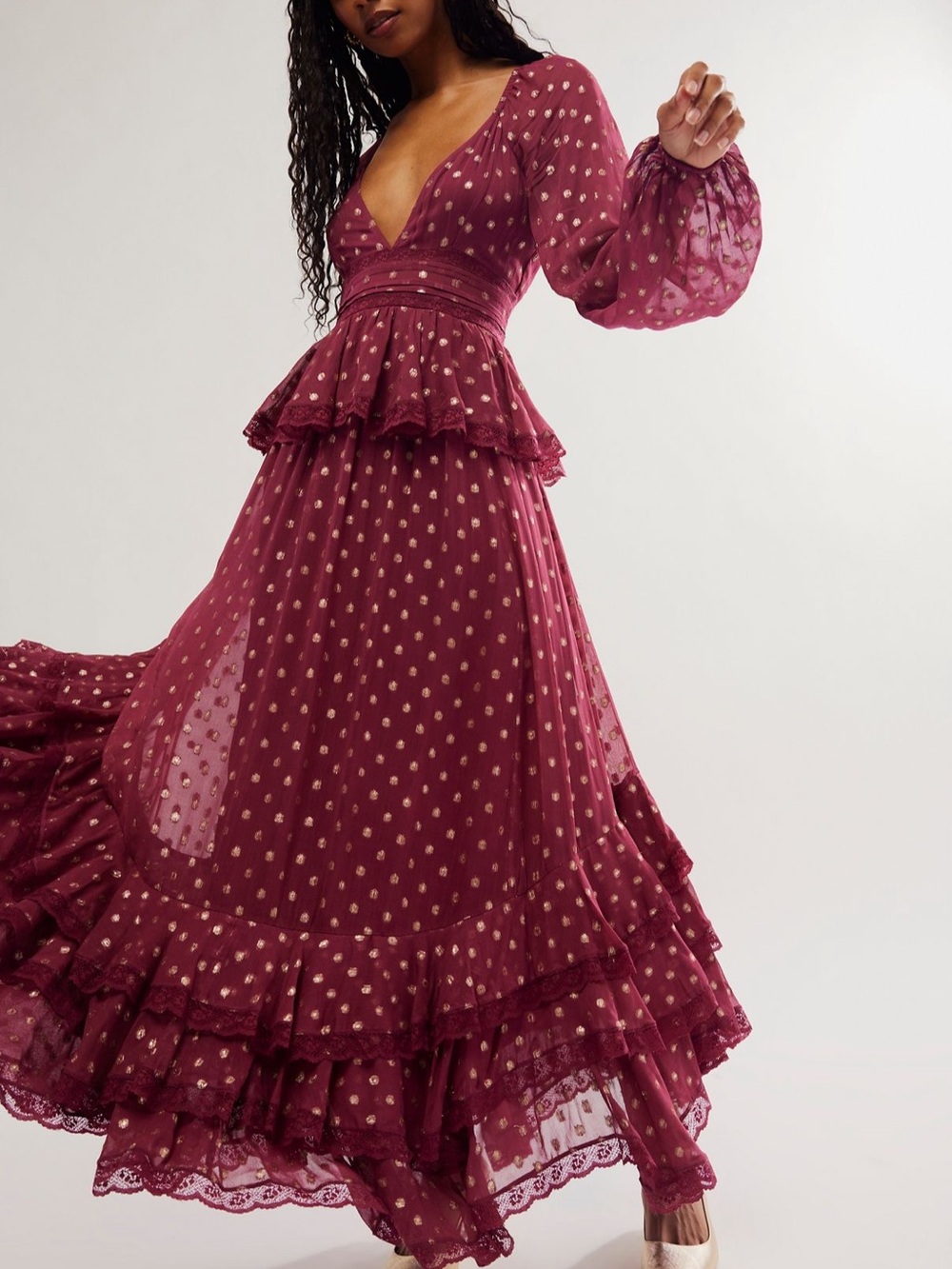 Rococo Sand Burgundy Maxi Dress with Gold Dot Detail NWT